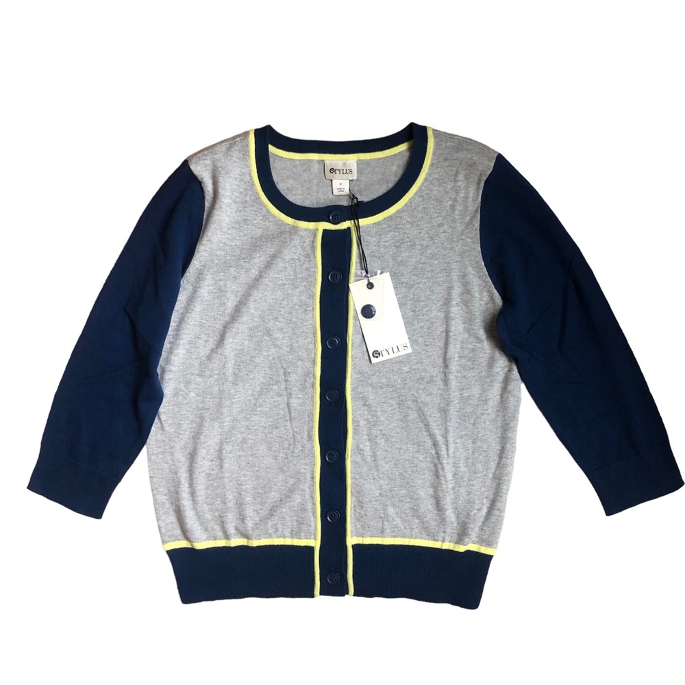 Stylus Cardigan Sweater Colorblock Grey Blue Button Down Size Medium NEW